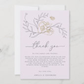 ミニマルエレガント線フローラ薄紫金ゴールド結婚 サンキューカード (正面)