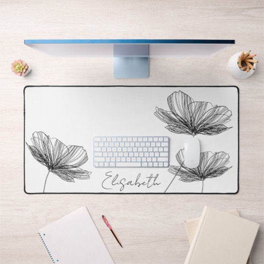 ミニマルエレガント花かわいいボホガーリー白 デスクマット (オフィス1)