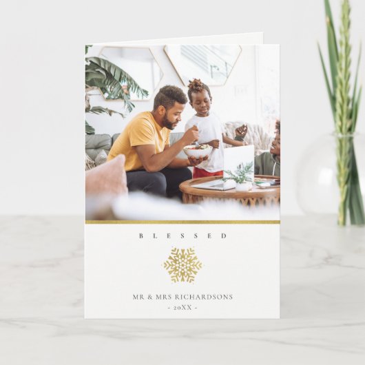 ミニマルエレガント金ゴールドスノーフレーク写真賛美 カード (正面)