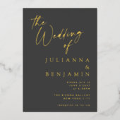 ミニマルエレガント金ゴールドブラックスクリプトシック結婚ズ 箔招待状 (正面)