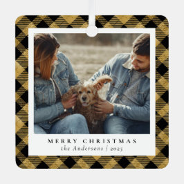 ミニマルエレガント金ゴールド格子模様のクリスマスカップル写真 メタルオーナメント