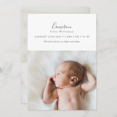 ミニマルエレガントScript 2写真生まれたばかりの統計誕生 案内状 (正面/裏面)