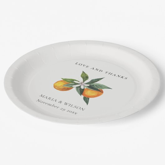 ミニマルオレンジボタニカルボ感謝していホロ結婚ーズ ペーパープレート (アングル)