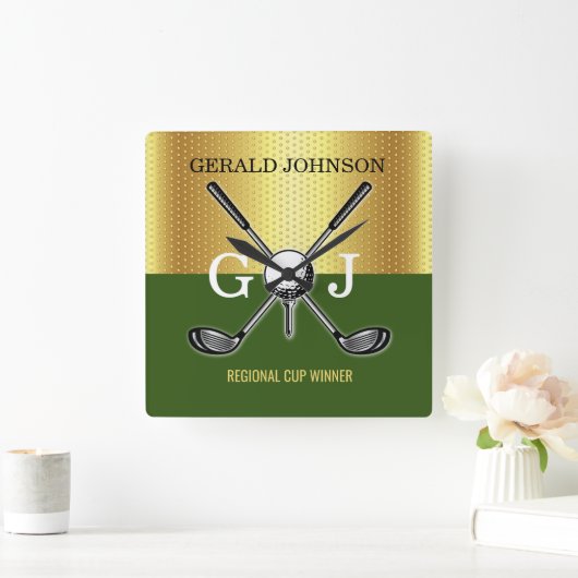 ミニマルカスタムスエレガントゴルフモノグラム スクエア壁時計 (ホーム)