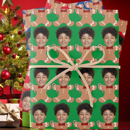 ミニマルカスタム顔フォトジンジャーブレッドクリスマス ラッピングペーパーシート