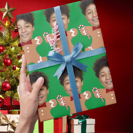 ミニマルカスタム顔フォトジンジャーブレッドクリスマス ラッピングペーパー