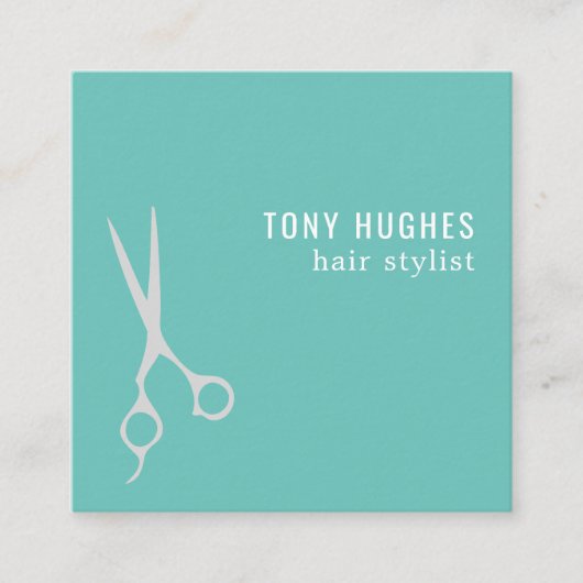 ミニマルカッコいいスグリーングレイはさみ美容師 スクエア名刺 (正面)