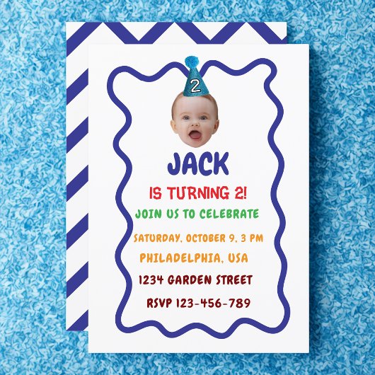 ミニマルカラフルスの2番目の誕生日招待状、顔 招待状