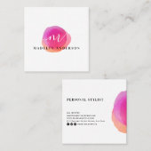 ミニマルカラフルピンク水彩白色モノグラム スクエア名刺 (正面/裏面)