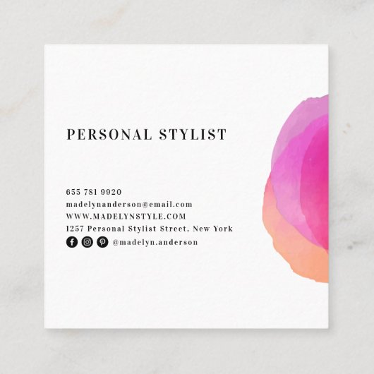 ミニマルカラフルピンク水彩白色モノグラム スクエア名刺 (裏面)