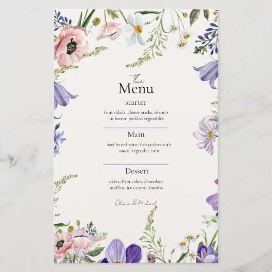 ミニマルカラフルリストワイルドフラワー結婚のメニュー (正面)