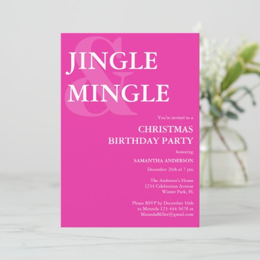 ミニマルガーリースピンククリスマス誕生日パーティー 招待状 (スタンド正面)