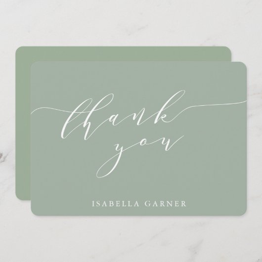 ミニマルクラシックサージグリーンブライダルシャワーカスタムTh サンキューカード (正面/裏面)
