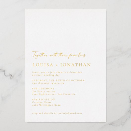 ミニマルクラシックシックな結婚金ゴールド 箔招待状 (正面)