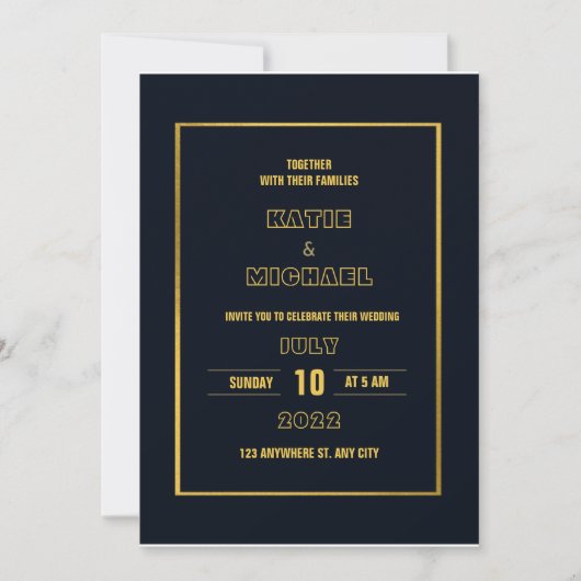 ミニマルクラシックダークネイビーブルー結婚金ゴールド 招待状 (正面)