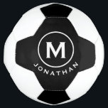 ミニマルクラシックモノグラム白黒 サッカーボール<br><div class="desc">ミニマルなモノグラムデザインとクラシックブロックタイポグラフィイニシャルの下にあなたの名前を黒い背景にシンプル付ける。</div>