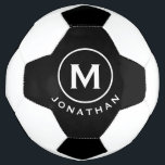 ミニマルクラシックモノグラム白黒 サッカーボール<br><div class="desc">ミニマルなモノグラムデザインとクラシックブロックタイポグラフィイニシャルの下にあなたの名前を黒い背景にシンプル付ける。</div>
