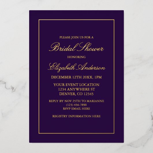 ミニマルクラシックリストパープルブライダルシャワー 箔招待状 (正面)