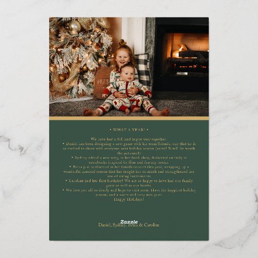 ミニマルクラシックリストホリデーズグリーンレターと写真 箔シーズンカード (裏面)