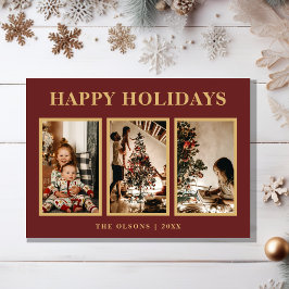 ミニマルクラシックリストホリデーズレッドスリーフォト シーズンカード