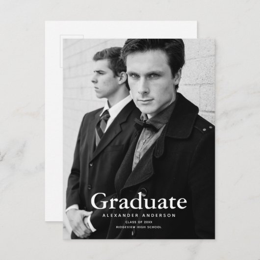 ミニマルクラシック主義のモノクロ写真卒業 案内ポストカード (正面/裏面)