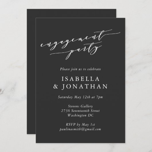 ミニマルクラシック白黒婚約パーティ 招待状 (正面/裏面)