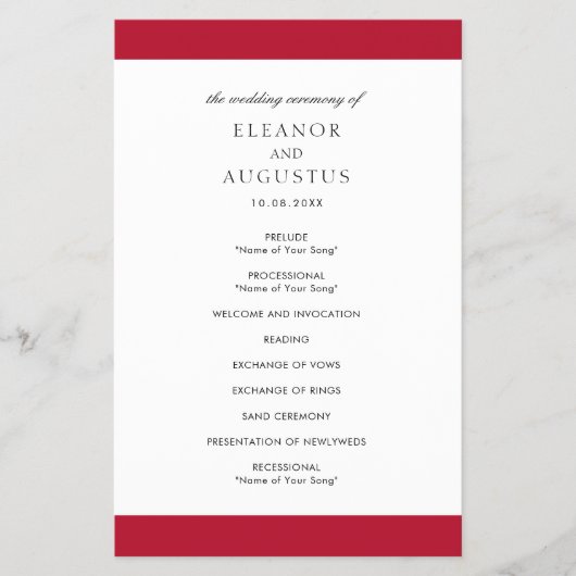 ミニマルクラシック赤エレガント予算結婚式 プログラム チラシ (正面)