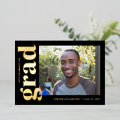 ミニマルクラシック黒金ゴールド写真卒業パーティー 箔招待状 (立ち正面)