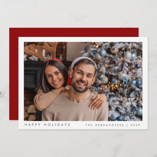 ミニマルクリスマスモダン家族フォトレッド シーズンカード (正面/裏面)