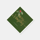 ミニマルクリスマスレッドとグリーンホリーブランチ金ゴールド スタンダードカクテルナプキン (角)