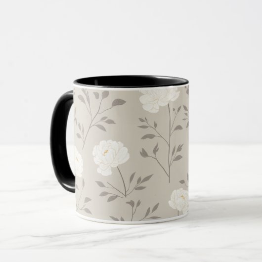 ミニマルクリーム色の芍薬と白い花柄 マグカップ (正面左)