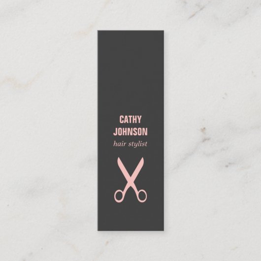 ミニマルグエレガント淡い色のレイのピンクのシザーヘアスタイリスト スキニー名刺 (正面)