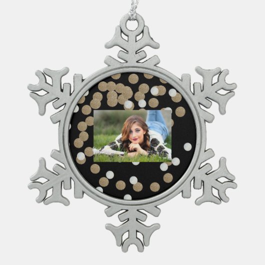 ミニマルグリッターブラックシャンパン金ゴールド紙吹雪 スノーフレークピューターオーナメント (正面)