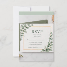 ミニマルグリーンのRSVPカード、植物のWedding Resp 出欠カード