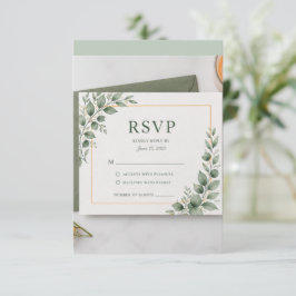 ミニマルグリーンのRSVPカード、植物のWedding Resp 出欠カード