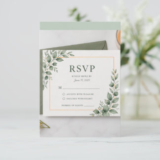 ミニマルグリーンのRSVPカード、植物のWedding Resp 出欠カード