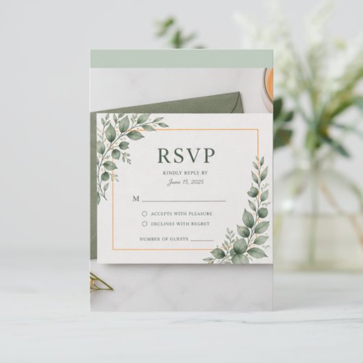 ミニマルグリーンのRSVPカード、植物のWedding Resp 出欠カード (スタンド正面)
