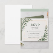 ミニマルグリーンのRSVPカード、植物のWedding Resp 出欠カード (正面/裏面)