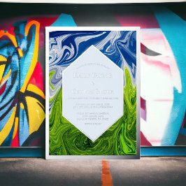 ミニマルグリーンブルースカイランドスケープ結婚抽象芸術 箔招待状