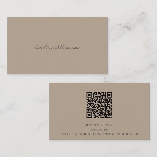 ミニマルコンテンポラリーリストスクリプト名Tan Brown QR 名刺 (正面/裏面)