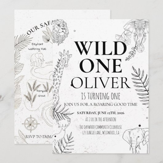 ミニマルサファリWild One 1歳の誕生日マップ 招待状 (正面/裏面)