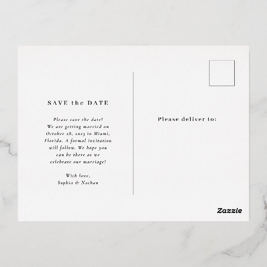 ミニマルシック |写真日付を保存するバラ金ゴールド 箔招待状ポストカード (裏面)