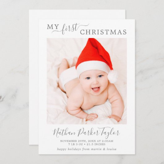 ミニマルシルバーマイ初めてのクリスマスベビー誕生写真 シーズンカード (正面/裏面)