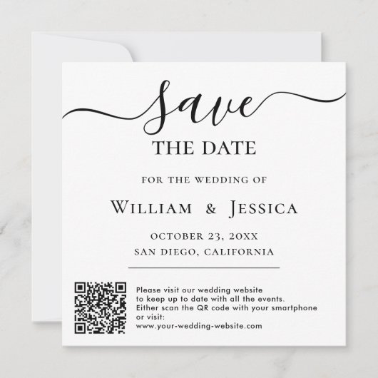 ミニマルシンプルスのスクリプモダントQRコードを使用した方法 セーブザデート (正面)