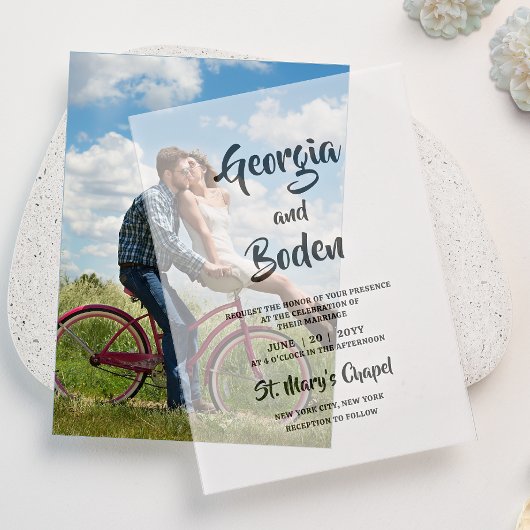 ミニマルシンプルスモダンの結婚Script ベラム紙招待状