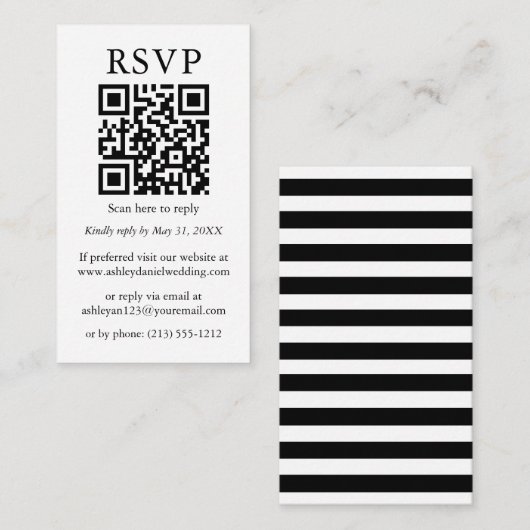 ミニマルシンプルス結婚のQR RSVPブラックストライプ製品 エンクロージャーカード (正面/裏面)