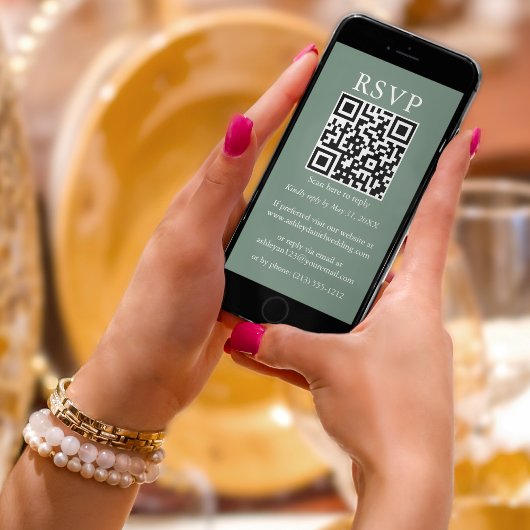 ミニマルシンプルス結婚のQR RSVP Sage Green カード