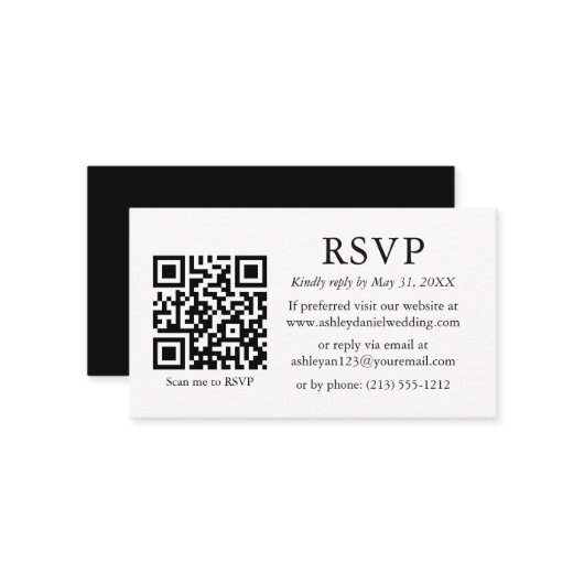 ミニマルシンプルス結婚白黒QR RSVP エンクロージャーカード (正面/裏面インサイチュ)