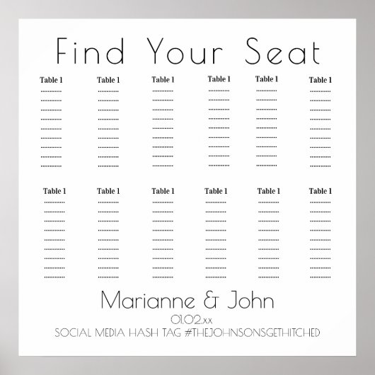 ミニマルシンプルタイポグラフィ結婚の座席表 ポスター (正面)