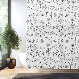 ミニマルシンプルフラワーラインアート シャワーカーテン